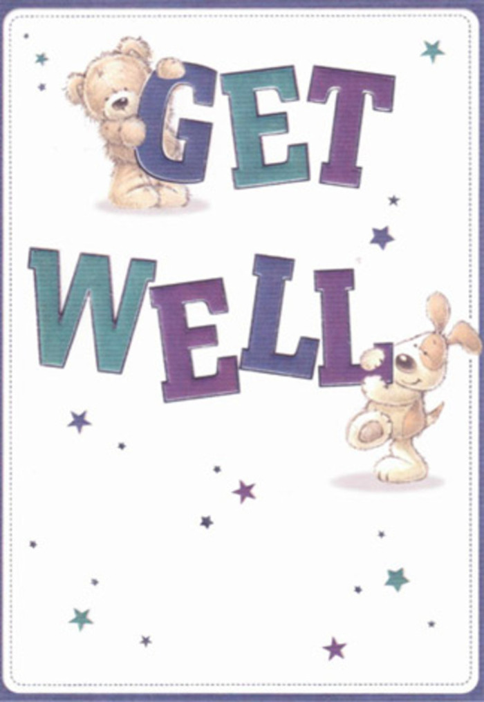 A gentle celebration of caring unfolds in this illustrated get well card, beautifully evoking the reassuring atmosphere found among Golders Green's tranquil green spaces. The design centres upon two whimsical friends: a cuddly bear and a spirited, soft-eared pup, their overlapping gazes filled with sympathy and encouragement. Starbursts in purples and aquas float playfully across the creamy white background, much like wishes taking flight above Golders Green's leafy avenues. The large, textured letters spelling 'Get Well' exude confidence-layered in bold shades that echo the vibrancy of flowers in our local florist's window. Soft highlights and subtle linework capture the tactile sensation of fur and the inviting comfort of a well-loved companion, evoking the tender feeling of sending or receiving supportive blooms from a friend at Golders Green Florist. This card's design, light and open, brings hopefulness with every brushstroke, reminding anyone on the mend that they are wrapped in care, just as one might feel enveloped by the scent and colour of a hand-arranged Golders Green bouquet.