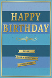 This stylish blue and gold birthday card looks as though it could be resting beside a fresh arrangement in a Golders Green Florist display, its design quietly celebrating in a calm, confident way. The background is formed from broad, stacked stripes of blue that blend gently from rich navy through mid-blue and teal into soft sky tones, creating a soothing ombré banding that feels as peaceful as an early stroll through Golders Hill Park. Centered against this layered blue canvas, the words HAPPY BIRTHDAY are stamped in large, capital letters and finished in gleaming gold foil. The embossing gives each letter a subtle raised profile, so they catch the light with a warm glimmer, like the glow of streetlamps along Golders Green Road in the evening. Beneath the main greeting, a graceful golden flourish unfurls, its looping lines adding a traditional, almost handwritten elegance. Below this ornamental divider sit three tidy golden banners, stacked one above the other, each ribbon-shaped strip bearing part of the phrase Relax, have a great day and enjoy! The metallic gold of the letters, flourish, and banners contrasts beautifully with the matte, velvety finish of the blue stripes, inviting both touch and admiration. A slim gold rule frames the outer edge, tying the design together with a polished, finished feel. The card's overall mood is serene yet celebratory, ideal for resting next to a birthday bouquet delivered to a home near Temple Fortune, conveying heartfelt wishes with a sense of ease, care, and thoughtfully understated style.